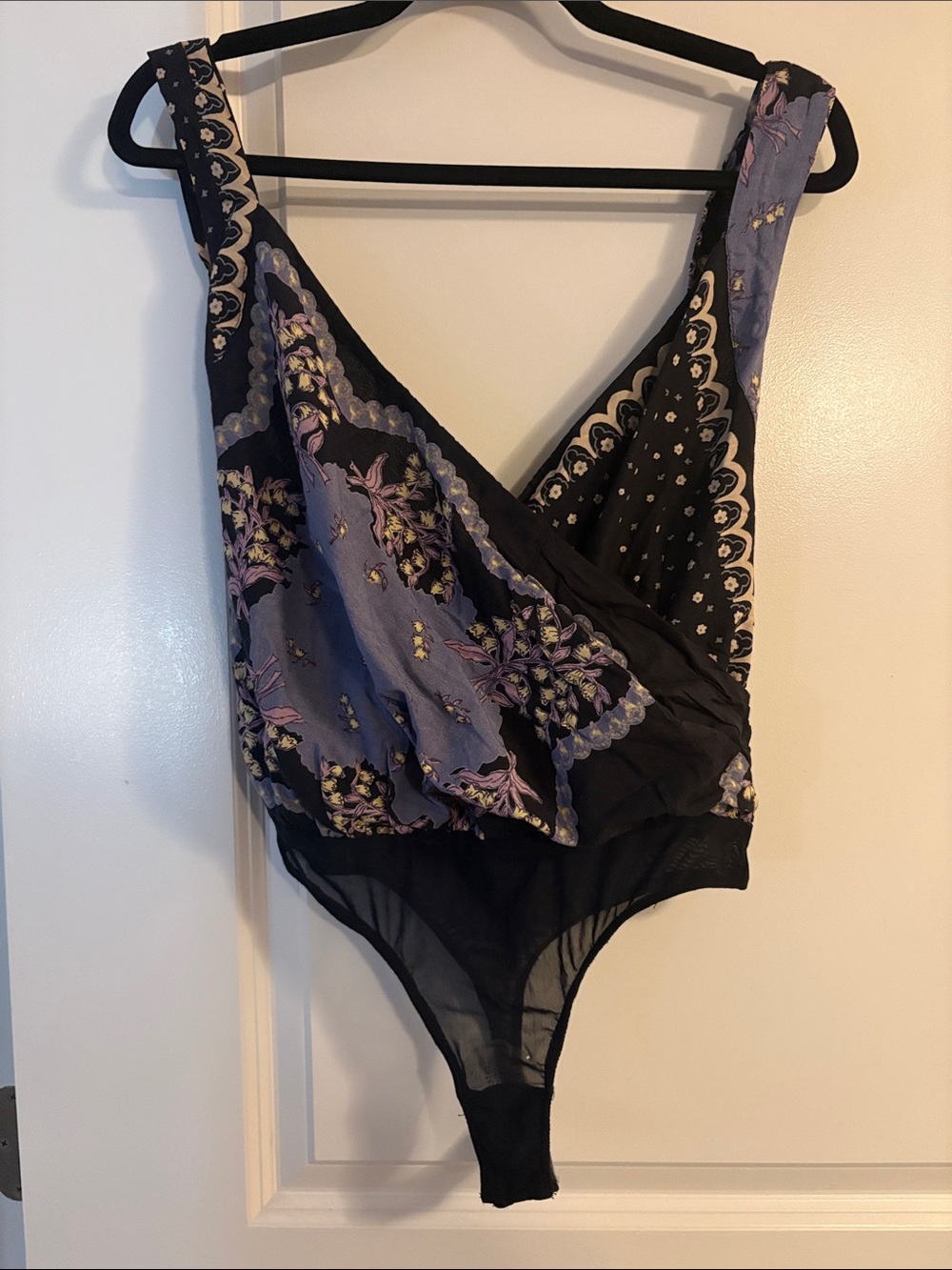 FP Intimately Floral Wrap V-Neck Bodysuit in Black and Lavender